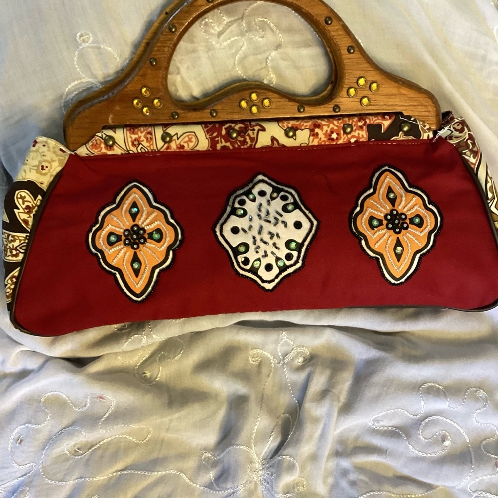 NWOT Chic Red and Brown Embroidered Beaded Clutch with Wooden Handles